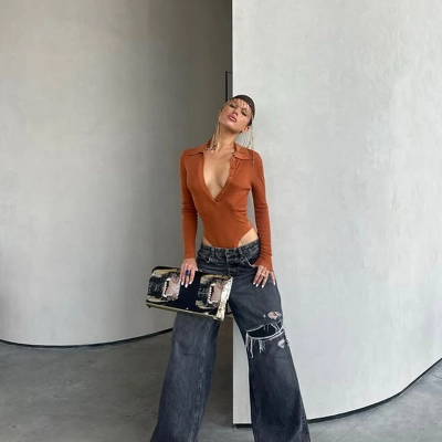 Slim Fit Notched Lapel Button-Down Bodysuit – High-Stretch European Style Bodysuit for Women 02