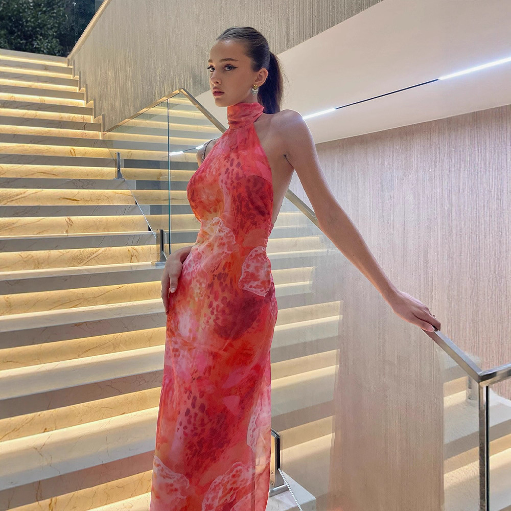 Sleeveless Halter Neck Backless Maxi Dress – Beach Vacation Flowy Sundress for Women