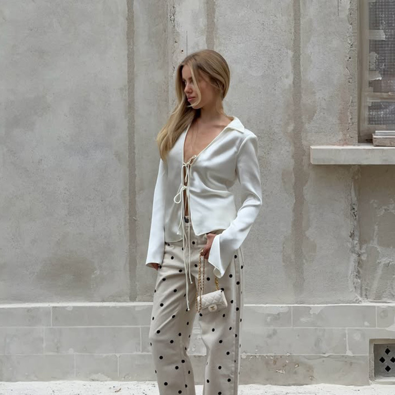 Luxury Solid Color Satin Long Sleeve Tie-Front Cardigan Top for Women