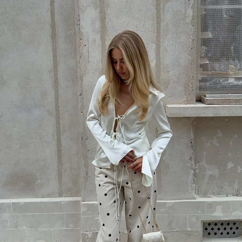 Luxury Solid Color Satin Long Sleeve Tie-Front Cardigan Top for Women