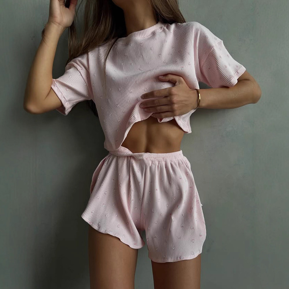 Round Neck Printed Short Sleeve Top & Shorts Set – Loose Fit Casual 2-Piece Outfit for Women