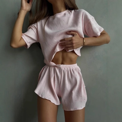 Round Neck Printed Short Sleeve Top & Shorts Set – Loose Fit Casual 2-Piece Outfit for Women 02