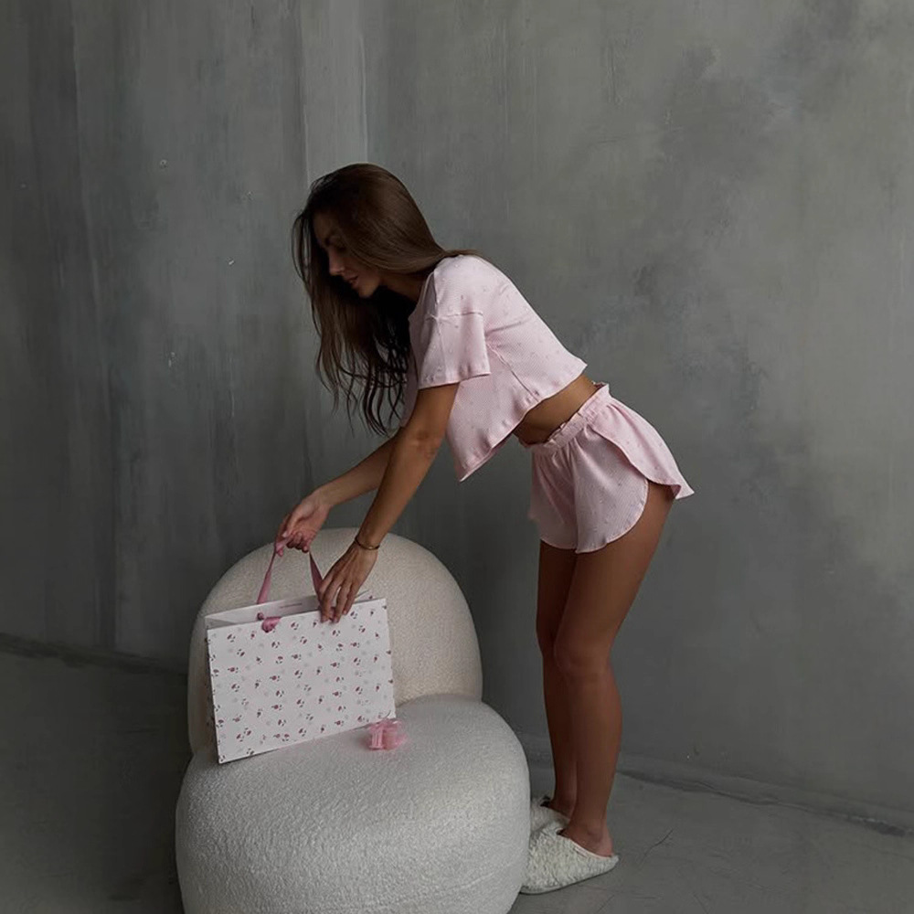 Round Neck Printed Short Sleeve Top & Shorts Set – Loose Fit Casual 2-Piece Outfit for Women