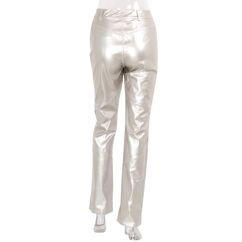 Streetwear Shiny Silver Straight Leg Cropped Pants – Loose Fit Fashion Casual Trousers for Women