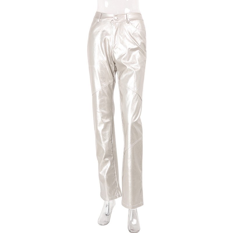 Streetwear Shiny Silver Straight Leg Cropped Pants – Loose Fit Fashion Casual Trousers for Women