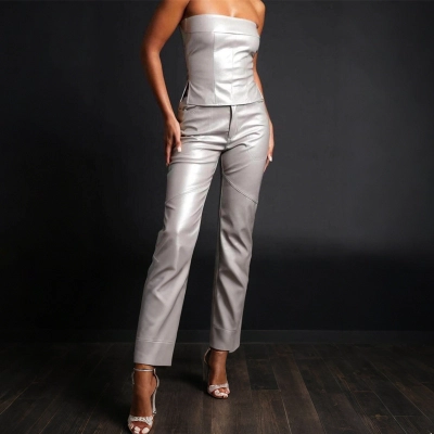 Streetwear Shiny Silver Straight Leg Cropped Pants – Loose Fit Fashion Casual Trousers for Women 01
