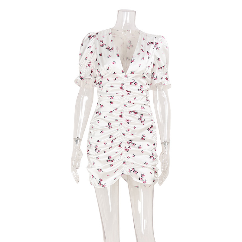 French Style V-Neck Floral Print Puff Sleeve Bodycon Dress – Fitted Mini Dress for Women