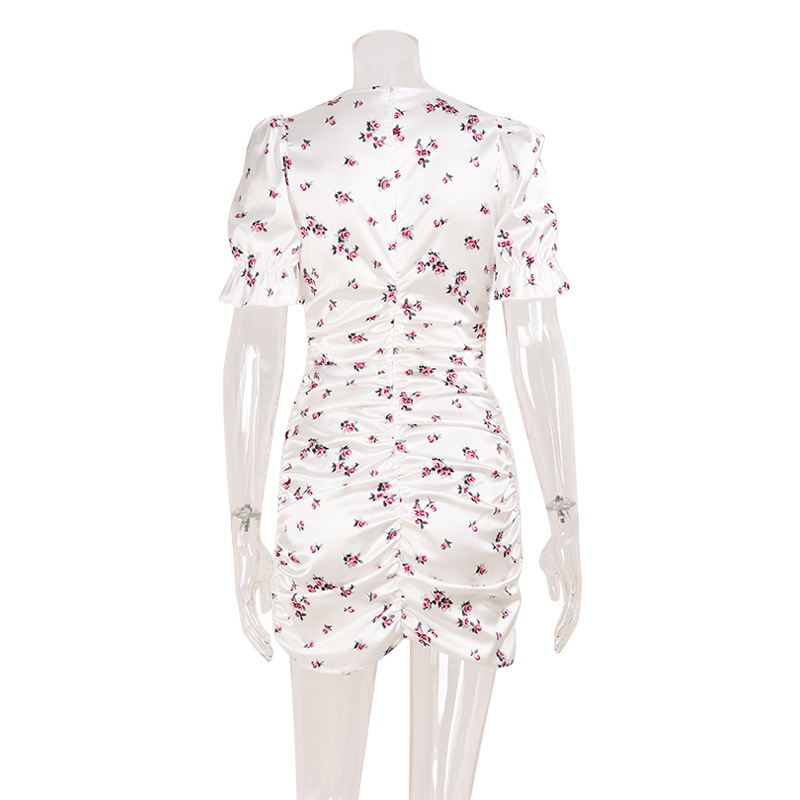 French Style V-Neck Floral Print Puff Sleeve Bodycon Dress – Fitted Mini Dress for Women