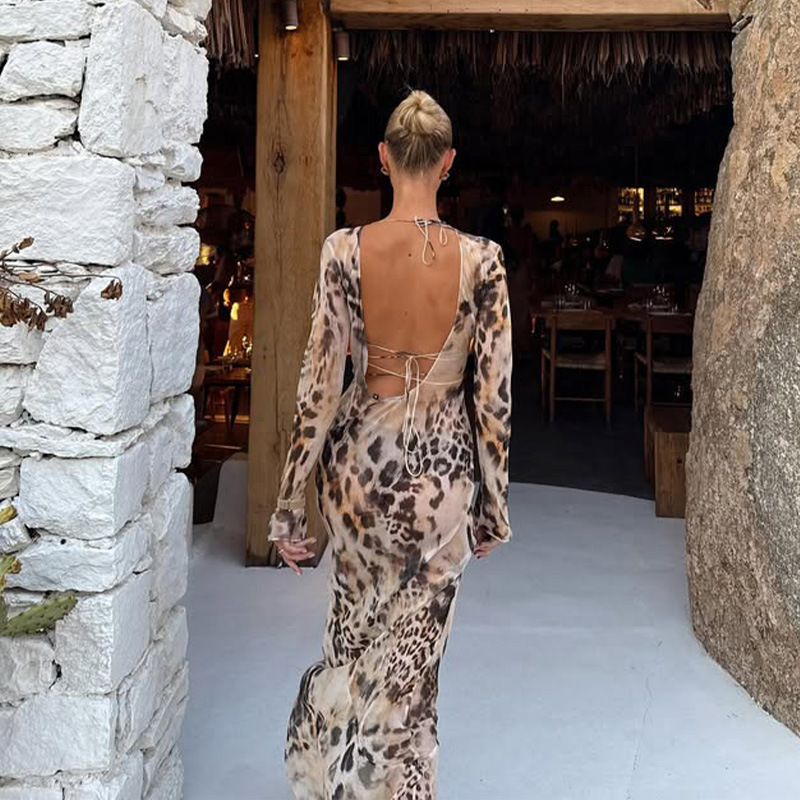 Trendy Round Neck Long Sleeve Printed Maxi Dress – Sexy Beach Vacation Robe Dress for Women