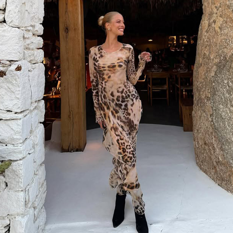 Trendy Round Neck Long Sleeve Printed Maxi Dress – Sexy Beach Vacation Robe Dress for Women