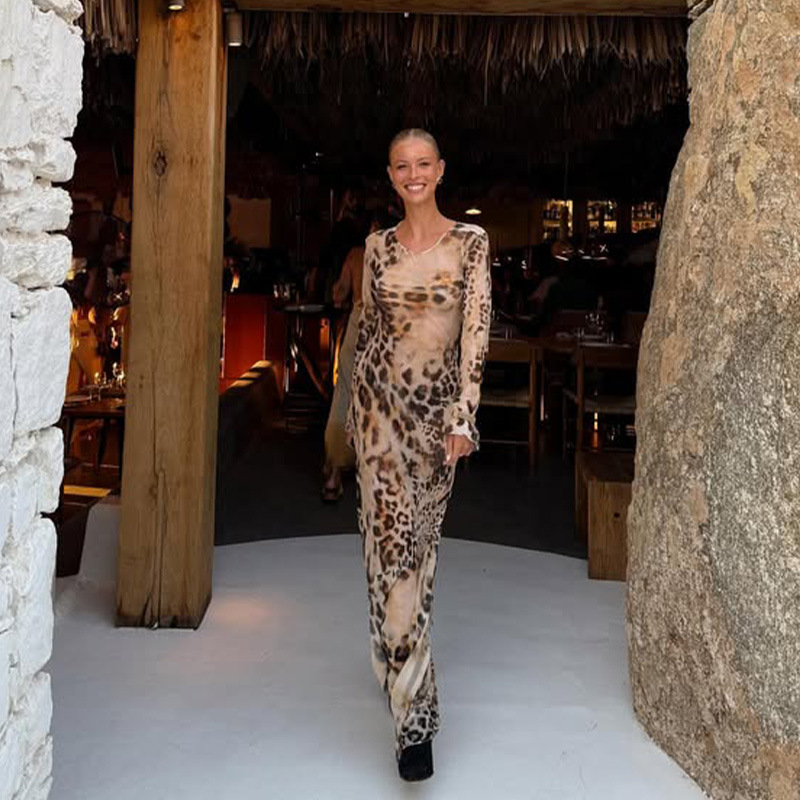 Trendy Round Neck Long Sleeve Printed Maxi Dress – Sexy Beach Vacation Robe Dress for Women