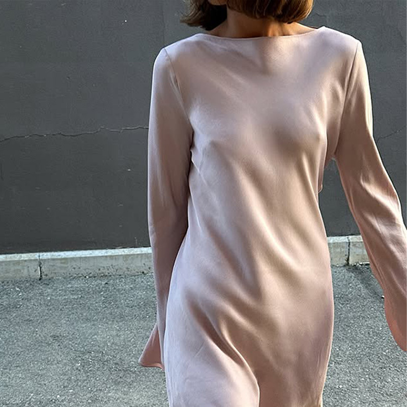 Elegant Satin-Like Loose Fit Long Sleeve Dress – Casual Round Neck Comfortable Maxi Dress for Women