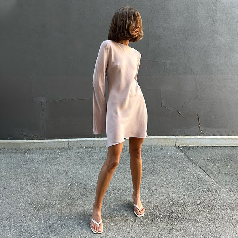 Elegant Satin-Like Loose Fit Long Sleeve Dress – Casual Round Neck Comfortable Maxi Dress for Women