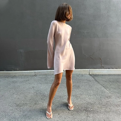 Elegant Satin-Like Loose Fit Long Sleeve Dress – Casual Round Neck Comfortable Maxi Dress for Women 01