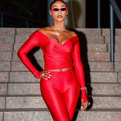 Solid Color V-Neck Long Sleeve Top & High-Waisted Pants Set – Fitted 2-Piece Outfit for Women 02