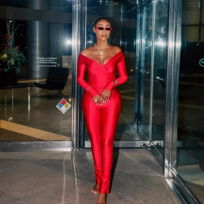 Solid Color V-Neck Long Sleeve Top & High-Waisted Pants Set – Fitted 2-Piece Outfit for Women 01