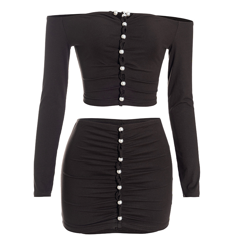 Off-Shoulder Long Sleeve Pearl-Embellished Crop Top & Bodycon Skirt Set – Elegant & Sexy 2-Piece Outfit for Women