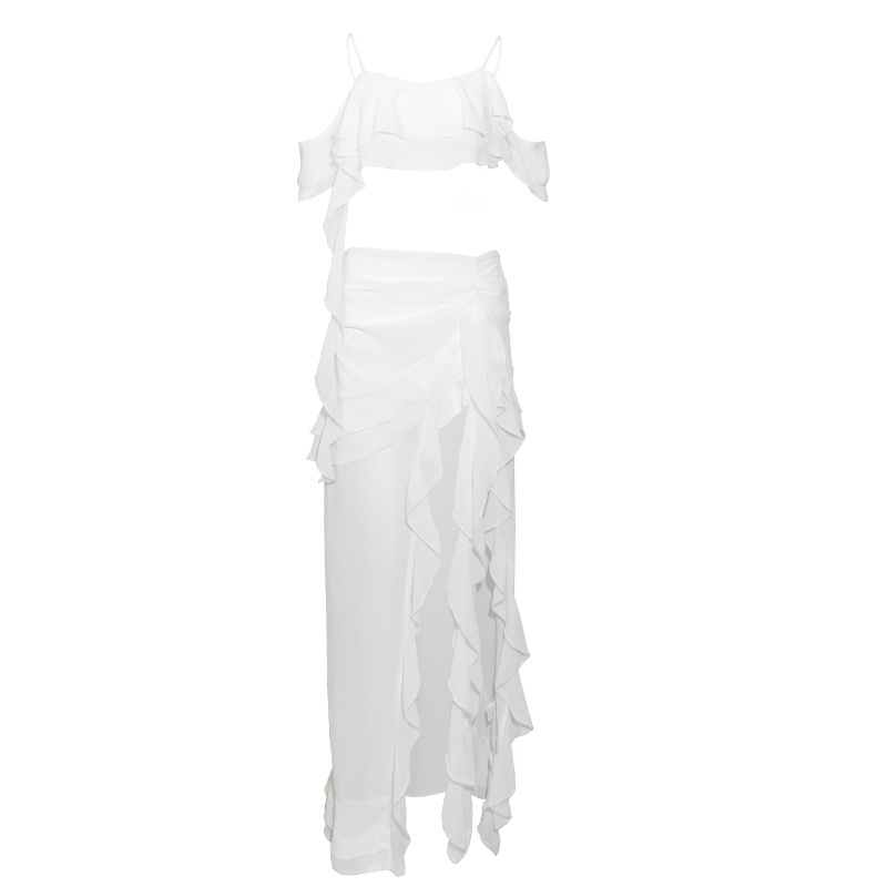 Seductive Spaghetti Strap Crop Top & Waist-Exposed Low-Rise Slit Ruffle Flowing Skirt Set – Ethereal 2-Piece Outfit for Women