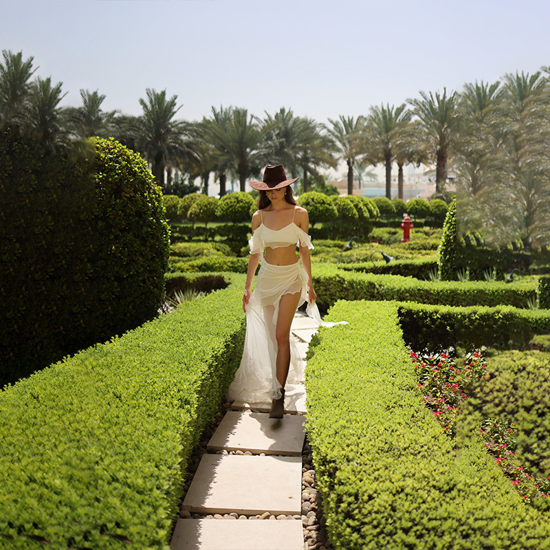 Seductive Spaghetti Strap Crop Top & Waist-Exposed Low-Rise Slit Ruffle Flowing Skirt Set – Ethereal 2-Piece Outfit for Women