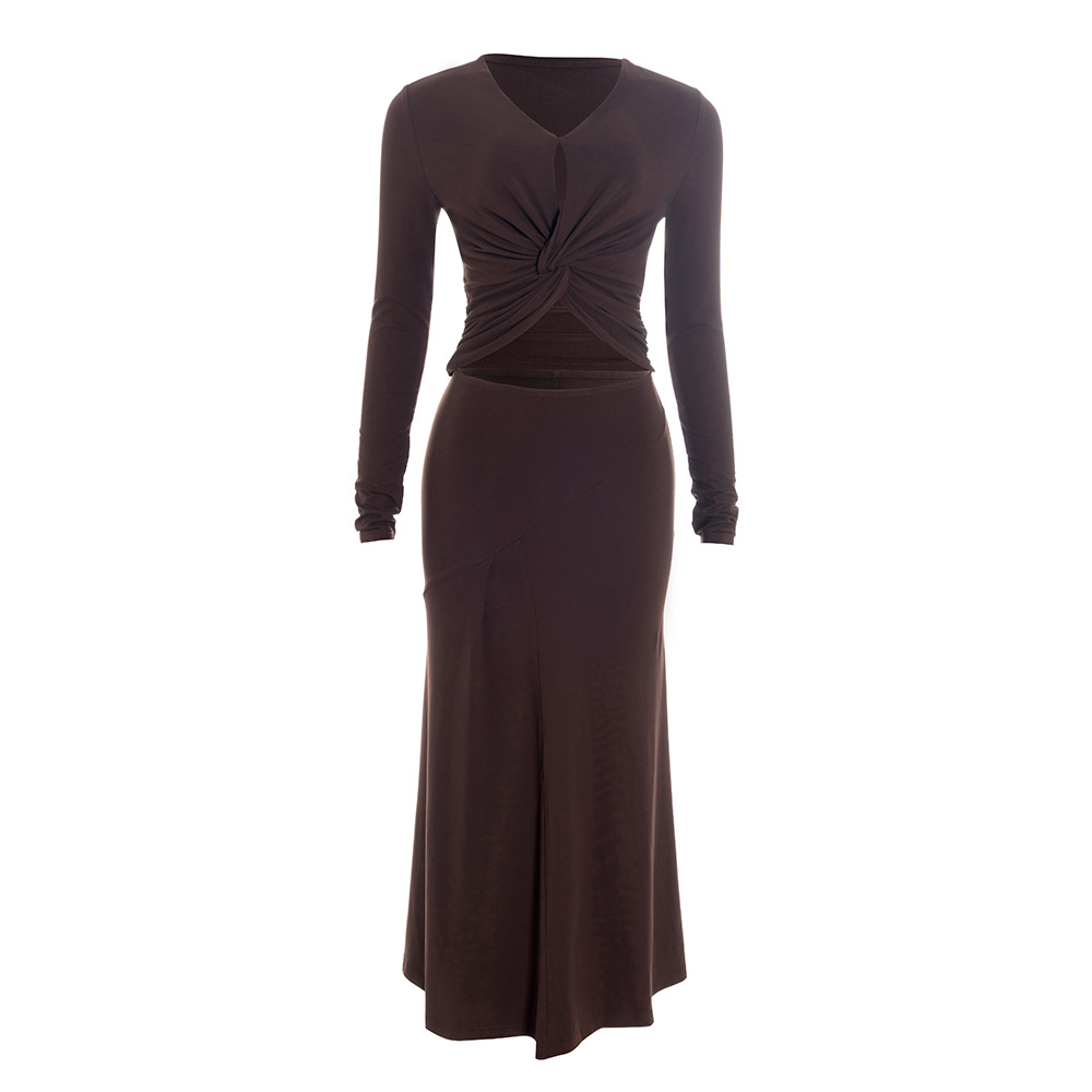 V-Neck Long Sleeve Knotted Crop Top & Solid Color High-Waisted Maxi Skirt Set – Elegant 2-Piece Outfit for Women