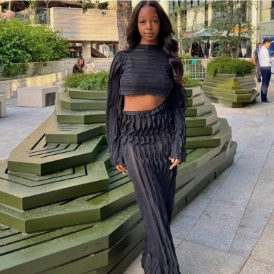 Solid Color Round Neck Long Sleeve Crop Top & Bodycon Maxi Skirt Set – Fitted 2-Piece Outfit for Women 02