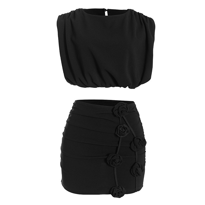 Round Neck Sleeveless Crop Top & Solid Color 3D Floral High-Waisted Bodycon Mini Skirt Set – Sweet & Stylish 2-Piece Outfit for Women