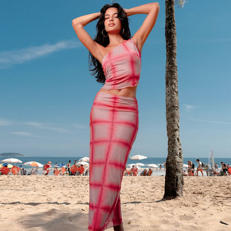 Asymmetrical Off-Shoulder Sleeveless Drawstring Plaid Mesh Crop Top & Long Skirt Set – Edgy & See-Through 2-Piece Outfit for Women