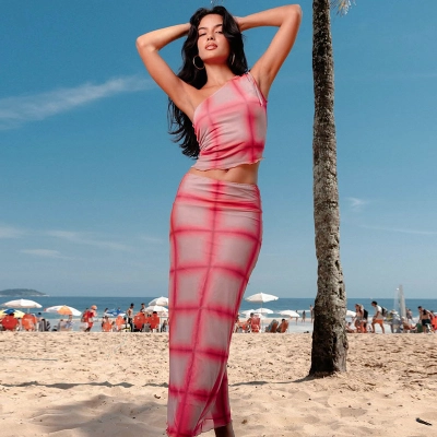 Asymmetrical Off-Shoulder Sleeveless Drawstring Plaid Mesh Crop Top & Long Skirt Set – Edgy & See-Through 2-Piece Outfit for Women 01