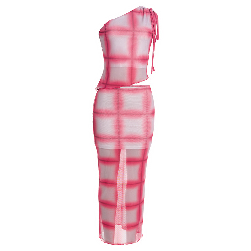 Asymmetrical Off-Shoulder Sleeveless Drawstring Plaid Mesh Crop Top & Long Skirt Set – Edgy & See-Through 2-Piece Outfit for Women