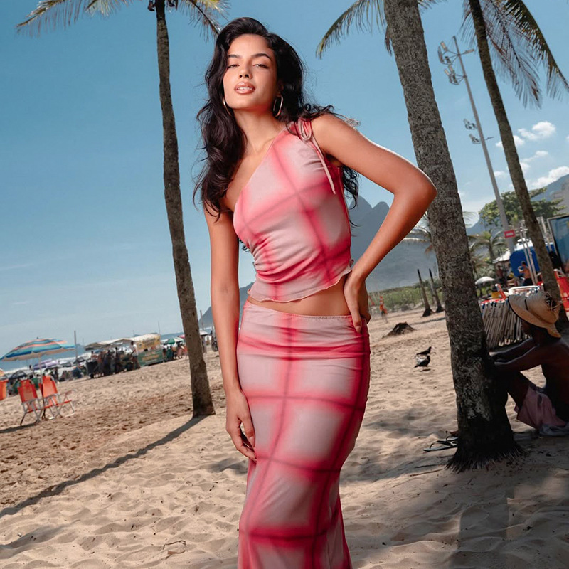 Asymmetrical Off-Shoulder Sleeveless Drawstring Plaid Mesh Crop Top & Long Skirt Set – Edgy & See-Through 2-Piece Outfit for Women