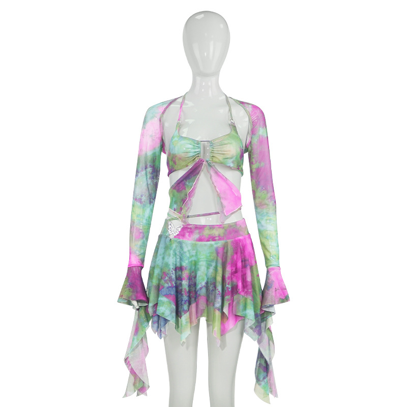 Long Sleeve Lace-Up Print Asymmetrical Mini Skirt Set – Stylish & Sexy 2-Piece Outfit for Women