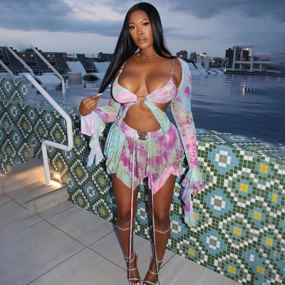 Long Sleeve Lace-Up Print Asymmetrical Mini Skirt Set – Stylish & Sexy 2-Piece Outfit for Women 02