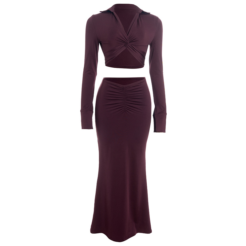 V-Neck Long Sleeve Crop Top & Solid Color Twisted High-Waisted Mermaid Pencil Skirt Set – Elegant 2-Piece Dress Alternative for Women