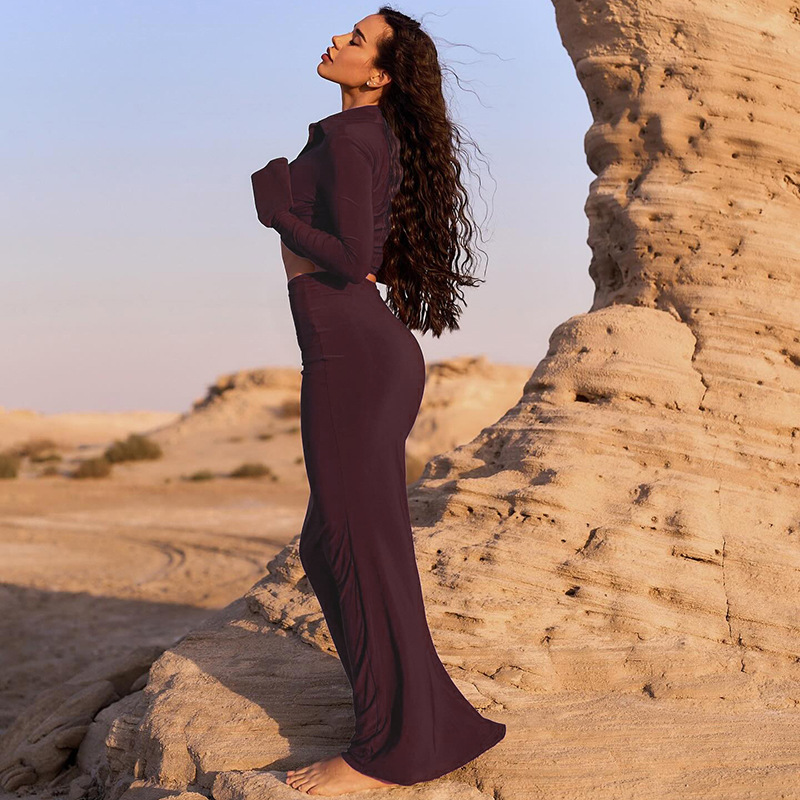 V-Neck Long Sleeve Crop Top & Solid Color Twisted High-Waisted Mermaid Pencil Skirt Set – Elegant 2-Piece Dress Alternative for Women