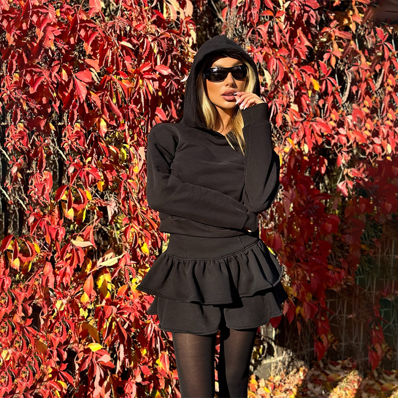 Hooded Long Sleeve Sweatshirt & Asymmetrical Mini Skirt Set – Trendy Casual 2-Piece Outfit for Women