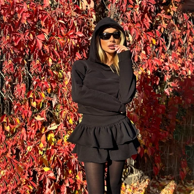 Hooded Long Sleeve Sweatshirt & Asymmetrical Mini Skirt Set – Trendy Casual 2-Piece Outfit for Women 01