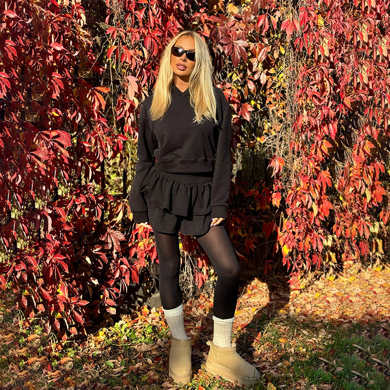 Hooded Long Sleeve Sweatshirt & Asymmetrical Mini Skirt Set – Trendy Casual 2-Piece Outfit for Women