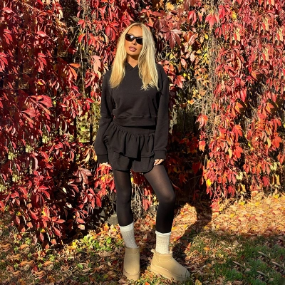 Hooded Long Sleeve Sweatshirt & Asymmetrical Mini Skirt Set – Trendy Casual 2-Piece Outfit for Women 02