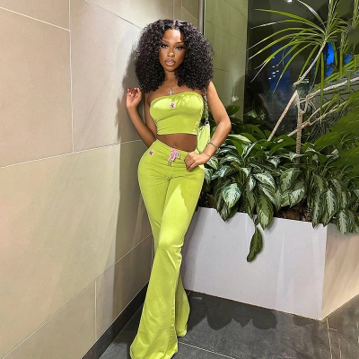 Neon Green Sleeveless Bustier Embroidered Flared Gown Set – Fitted & Flowing 2-Piece Dress for Women 01