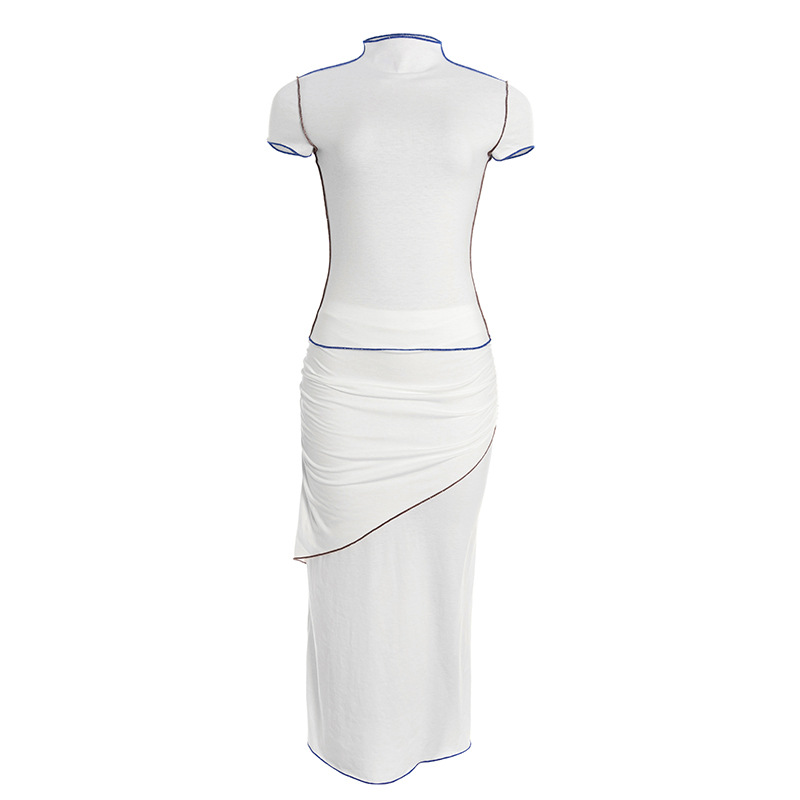 Round Neck Fitted Short Sleeve Top & Low-Waisted Color-Block Bodycon Long Skirt Set – Stylish 2-Piece Outfit for Women