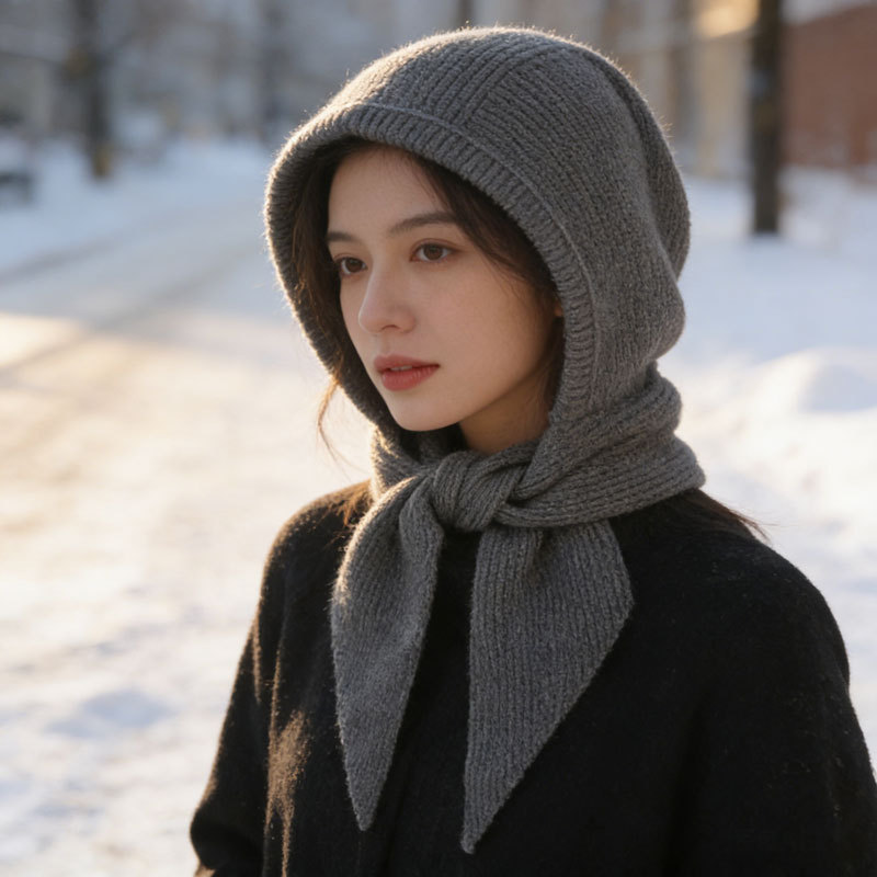 Winter Hat Scarf All-in-One Warm Knit Beanie Hat, Windproof Ear Protection Integrated Scarf Cap
