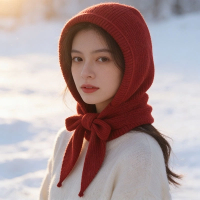 Winter Hat Scarf All-in-One Warm Knit Beanie Hat, Windproof Ear Protection Integrated Scarf Cap 01