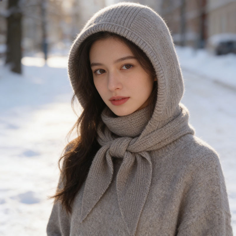 Winter Hat Scarf All-in-One Warm Knit Beanie Hat, Windproof Ear Protection Integrated Scarf Cap