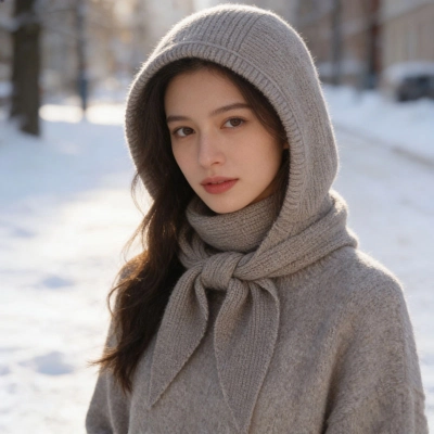 Winter Hat Scarf All-in-One Warm Knit Beanie Hat, Windproof Ear Protection Integrated Scarf Cap 02