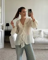 Ruffled Bell Sleeve Milk Silk Blouse review Olivia Martinez