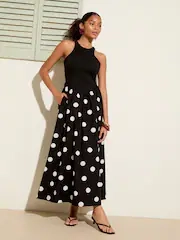 Sleeveless Cool Elegant Panel-Design Polka Dot Print Long Dress – Chic Mature Style for Office, Date & City Wear review Jennifer Parker