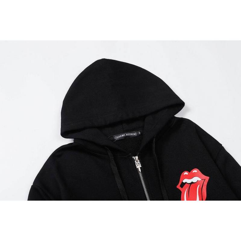Coco Shoes Chrome Hearts × The Rolling Stones Red Tongue Cross Zip Up Hoodie Black/Red - Cocoshoesvip.net