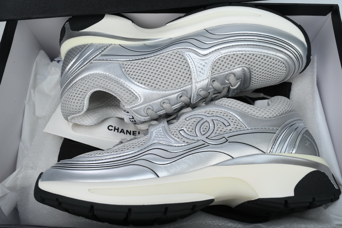 Coco Shoes Chanel Fabric Laminated Low Top Sneakers Silver G39792 Y56368 K5452 - Cocoshoesvip.net