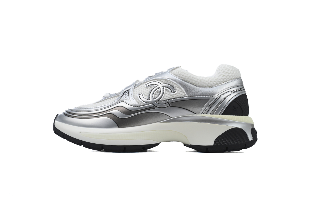Coco Shoes Chanel Fabric Laminated Low Top Sneakers Silver Black G39794 Y56368 K5451 - Cocoshoesvip.net