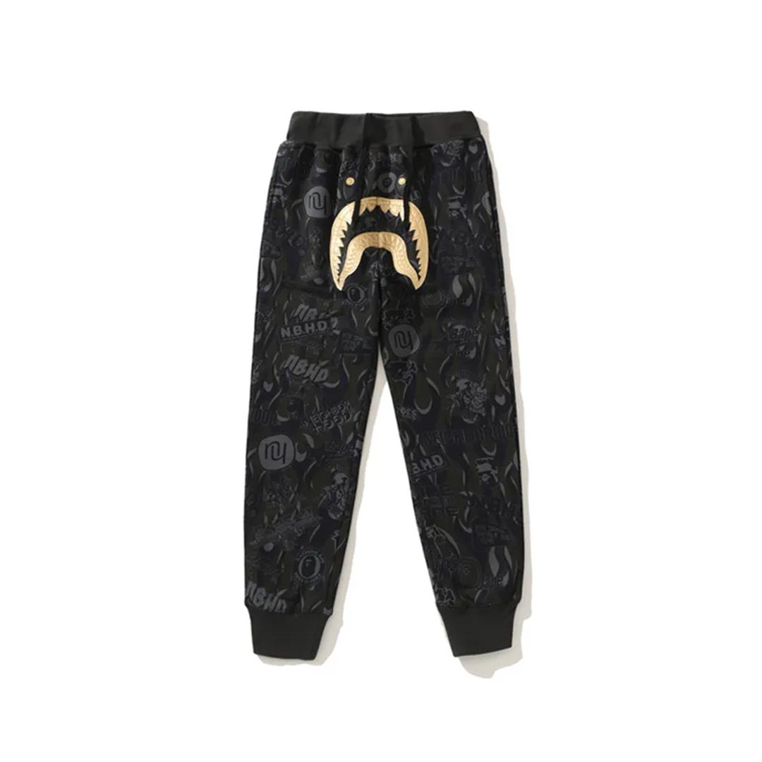 Coco Shoes BAPE x NBHD Joint Style Shark head Black and Gold Trousers - Cocoshoesvip.net